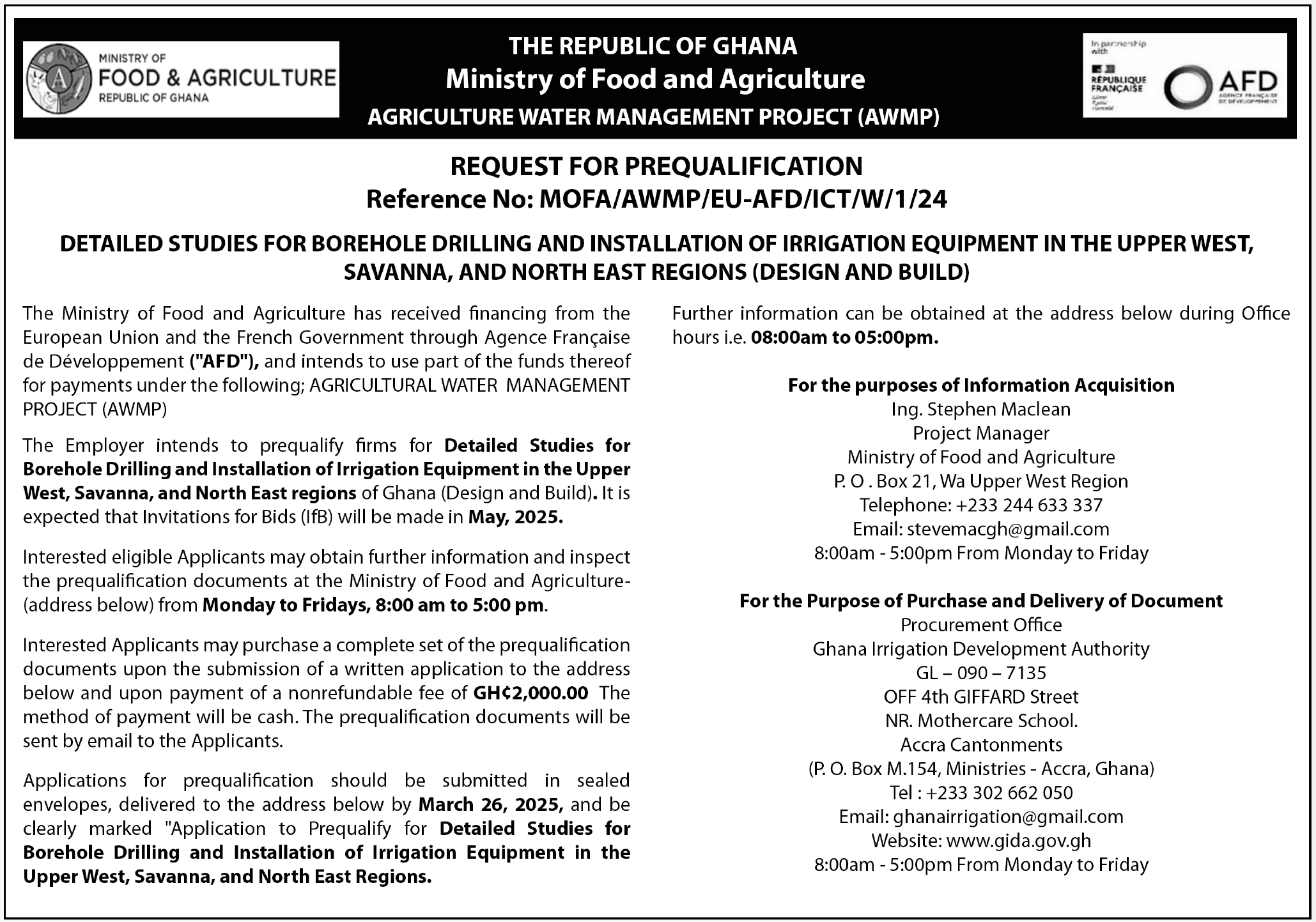 FINAL SPECIFIC PROCUREMENT NOTICE RFPQ